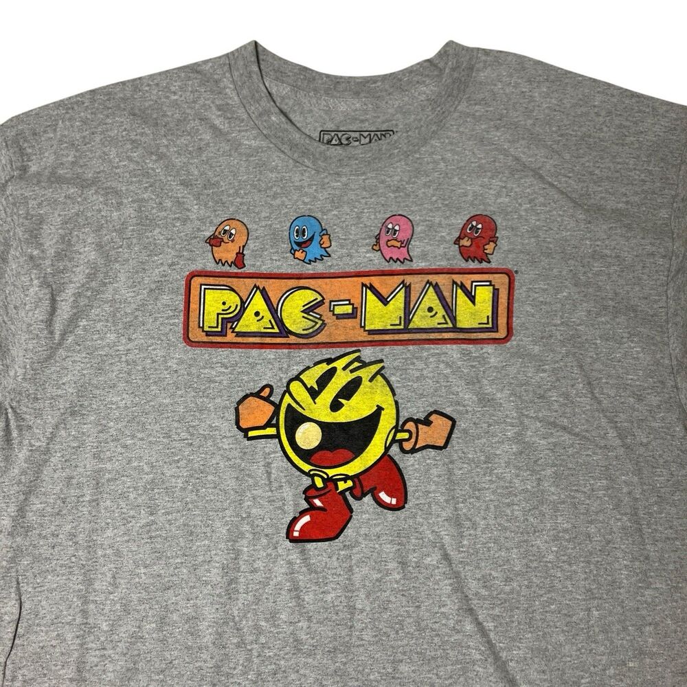 Pac-Man Graphic Tee Mens XL Gray Retro Arcade Video Gamer Short Sleeve Shirt NEW